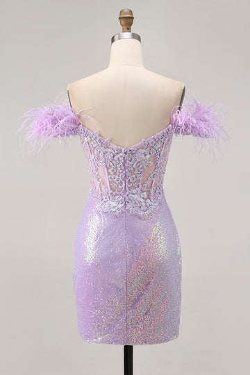 Sparkly Lilac Sequins Off The Shoulder Corset Short Homecoming Dress